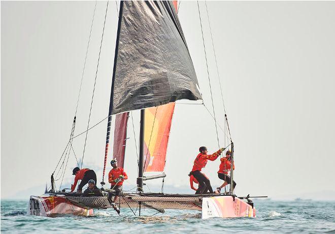 The first Chinese-flagged team to compete in a full season on the water on the first day of racing in Act two, Qingdao. © Aitor Alcalde Colomer